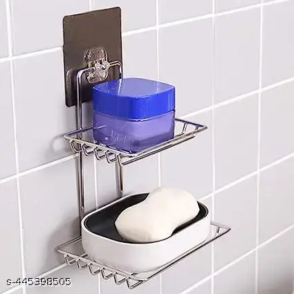 Wall Mounted Double Layer soap Dish Holder Stainless Steel Wall Hanging Soap Storage Rack for Kitchen Bathroom-with Self Adhesive Magic Sticker(Silver)